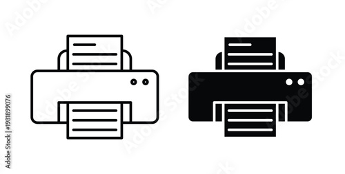 Print button icon in black and white color. Solid and linear icons