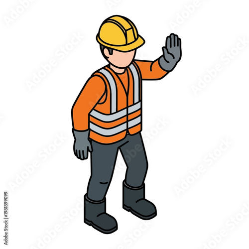 Construction worker in safety vest and hard hat signaling stop.