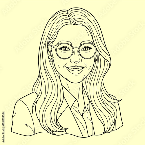 A stylized line art portrait of a smiling young woman wearing glasses and a collared shirt, with her long hair flowing around her shoulders