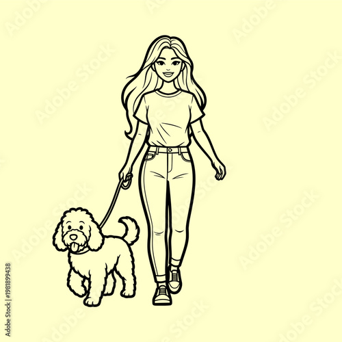 A cheerful young woman walks her fluffy dog on a leash, enjoying a sunny day outdoors