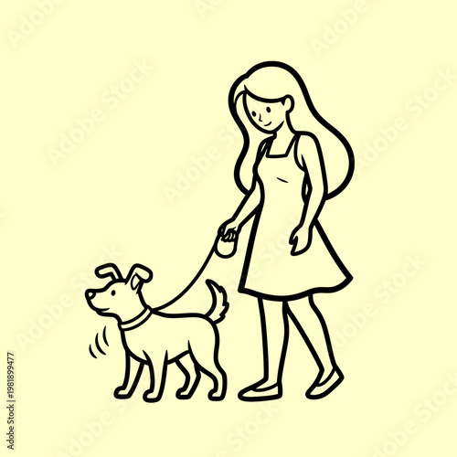 A young woman enjoying a leisurely stroll with her loyal canine companion, walking outdoors on a bright day, illustrating a delightful pet owner relationship