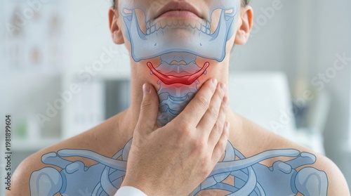 Close-up of a person's neck showing the hyoid bone highlighted in red