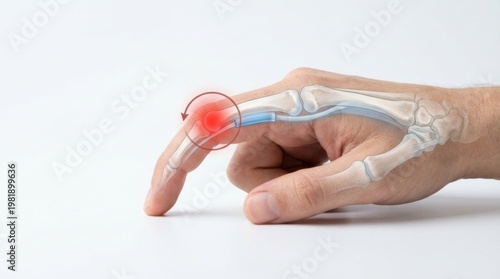 Medical illustration of a painful finger joint with inflammation and bone structure