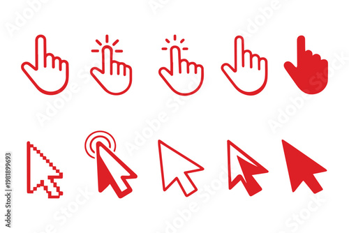 Cursor arrow icons, hand click symbols, black and white vector illustration, digital interaction design, user interface pointer graphics, tapping motion artwork. cursor icon. Computer click icon set. 