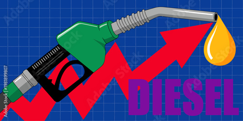 Diesel fuel price increase concept depicted with rising red arrow and falling fuel drop