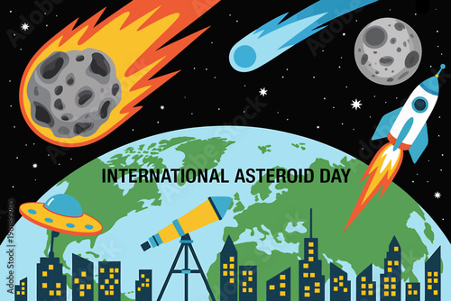 International Asteroid Day concept with Earth city scape and approaching celestial bodies