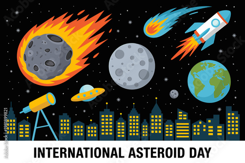 Cartoon illustration of international asteroid day with a burning asteroid over a cityscape and space elements