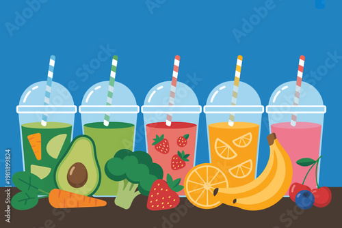 Assortment of colorful healthy fruit and vegetable smoothies in clear plastic cups with straws