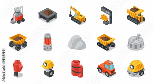 Isometric icons representing mining industry equipment and vehicles for construction and heavy industry.