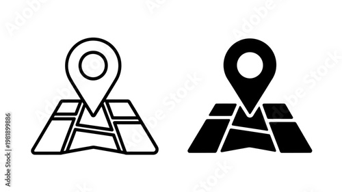Two stylized map icons with a location pin marker representing navigation and destination planning