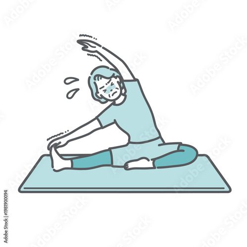 体が硬くて辛そうに体側ストレッチをするシニア女性のイラスト