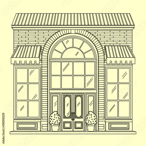 Elegant classical storefront facade illustration featuring a grand arched window and ornate double doors, evoking a timeless vintage urban building exterior in sophisticated monochrome line art