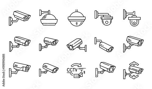CCTV camera outline icon set security surveillance system editable stroke vector collection