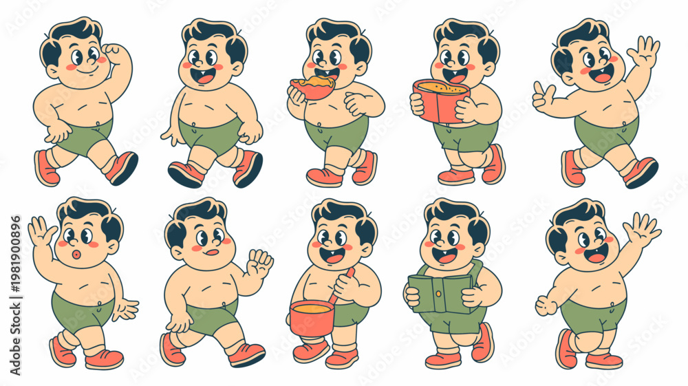 Obraz premium Cartoon Fat Boy Vintage Character Set Retro Mascot Concept Illustrations
