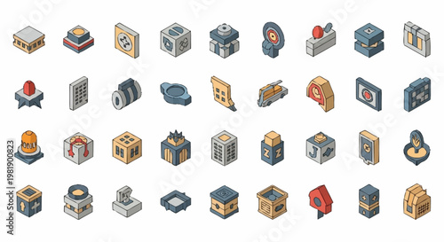 Collection of isometric 3D icons representing various futuristic buildings and technological elements.