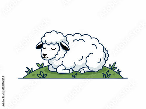 cute Cartoon Sheep Sleeping on Green Grass Hill Vector Illustration