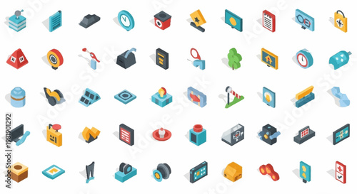 Collection of isometric icons representing various objects and concepts, including technology, security, and everyday items.