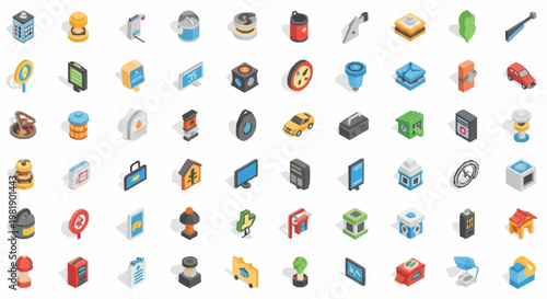 Collection of isometric icons representing various objects and concepts, perfect for digital design and interfaces.