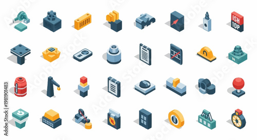 Collection of isometric icons representing various industrial and technological elements, presented on a white background.
