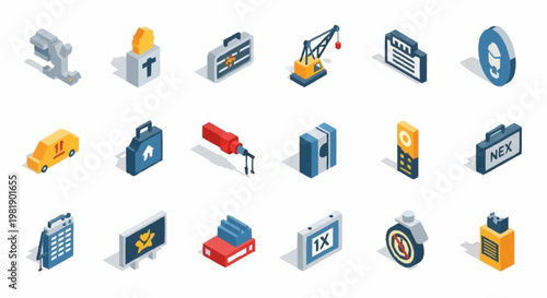 A collection of isometric icons representing various business and industry-related objects and concepts.