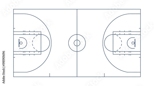 Basketball Court Layout: This image is a detailed illustration of a basketball court layout. Every line on the court is carefully depicted, offering a clear view of the design.