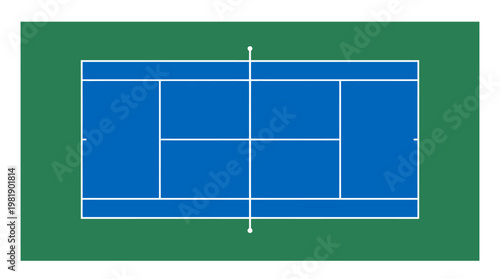 Tennis Court Illustration: A meticulously rendered illustration of a standard tennis court, its vibrant blue interior framed by lush green surroundings.