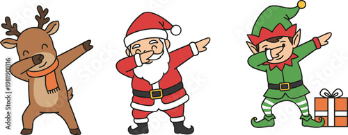 Cute dabbing holiday character set with Santa elf and reindeer