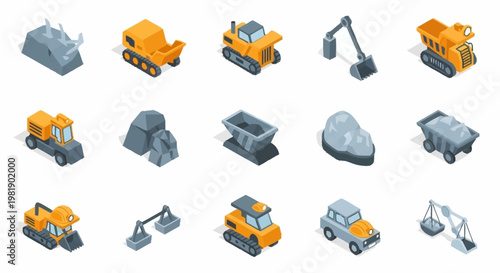 Isometric icons set of mining equipment and rocks for construction and industry.