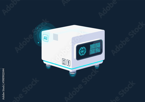 White artificial intelligence server machine on wheels with glowing AI symbol and digital brain icon in a dark blue environment
