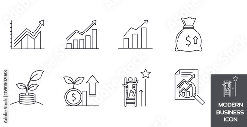 A collection of modern business icons illustrating growth and finance