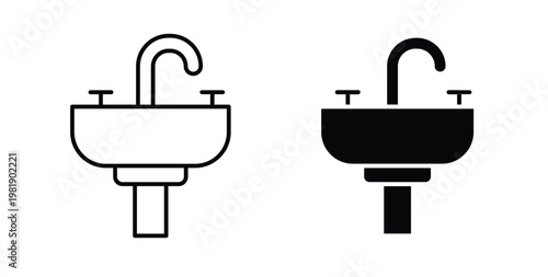 Sink icon in black and white color. Solid and linear icons