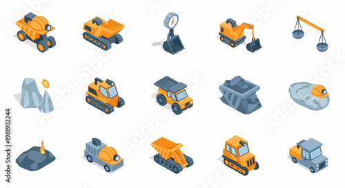 Tableau sur toile Collection of isometric construction and mining vehicles and equipment, isolated on white background