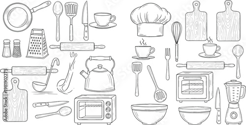 Hand Drawn Kitchen Utensils and Cooking Tools Outline Set Featuring Chef Hat, Cutting Boards, Bowls, Oven, Blender and Bakeware