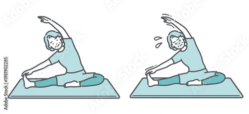 体側ストレッチをするシニア女性の比較セットイラスト