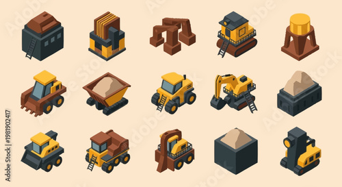 Isometric construction and mining equipment icons with sand and buildings.