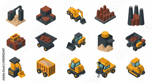 Isometric construction and mining vehicles and equipment set, including excavators, dump trucks, and industrial buildings.