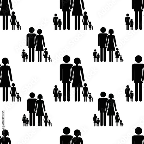 Silhouette People in Family Groups Repeating Across Image.