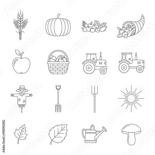 Agriculture farming harvest season line icons
