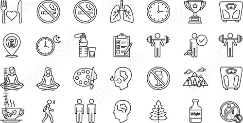 Health and Fitness Outline Icon Set Featuring Wellness, Exercise, Nutrition, Meditation, Weight Loss and Healthy Lifestyle Symbols