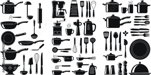 Kitchen and Cooking Black Silhouette Icon Set Featuring Pots, Pans, Utensils, Coffee Maker, Cutlery and Bakeware Tools