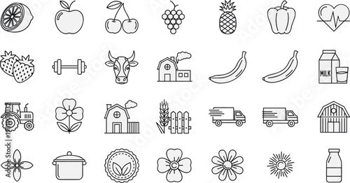 Organic Farm and Healthy Food Outline Icon Set Featuring Fruits, Milk, Barn, Tractor, Delivery Trucks and Wellness Symbols