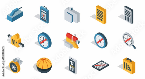 Collection of isometric icons representing various business and office objects on a white background.