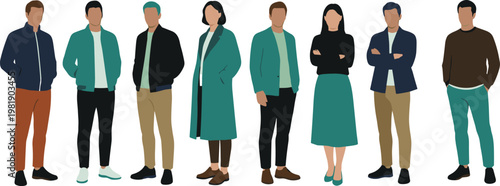 Diverse fashion character set with modern streetwear and smart casual outfits