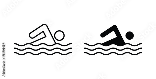 Swimming icon in black and white color. Solid and linear icons