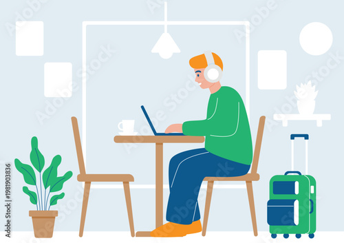 Digital nomad working remotely on laptop with suitcase