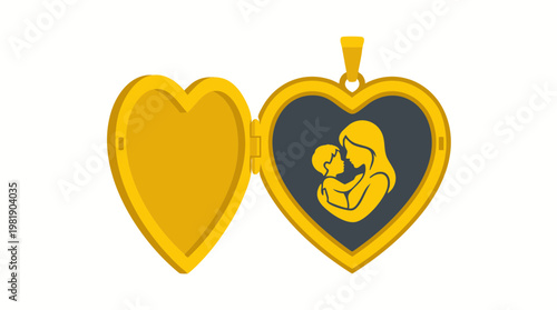 Gold heart locket pendant with motherchild silhouette.