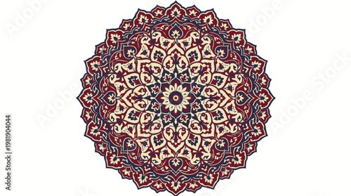 Intricate circular mandala medallion textile rug design.
