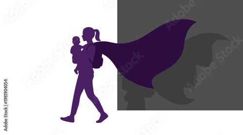 Silhouette Parent Carrying Child With Superhero Cape.