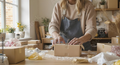 Woman preparing handmade products for online store in cozy home studio