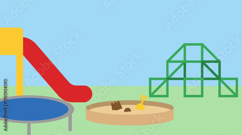Colorful playground equipment on green grass.